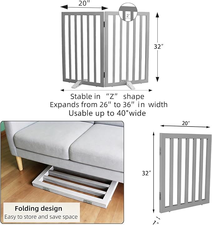 ZJSF Freestanding Indoor Dog Gate for House Foldable Wood Puppy Gate for Doorways Pet Gate for Stairs Extra Wide Pet Fence, Grey, 32" Height 2 Panels