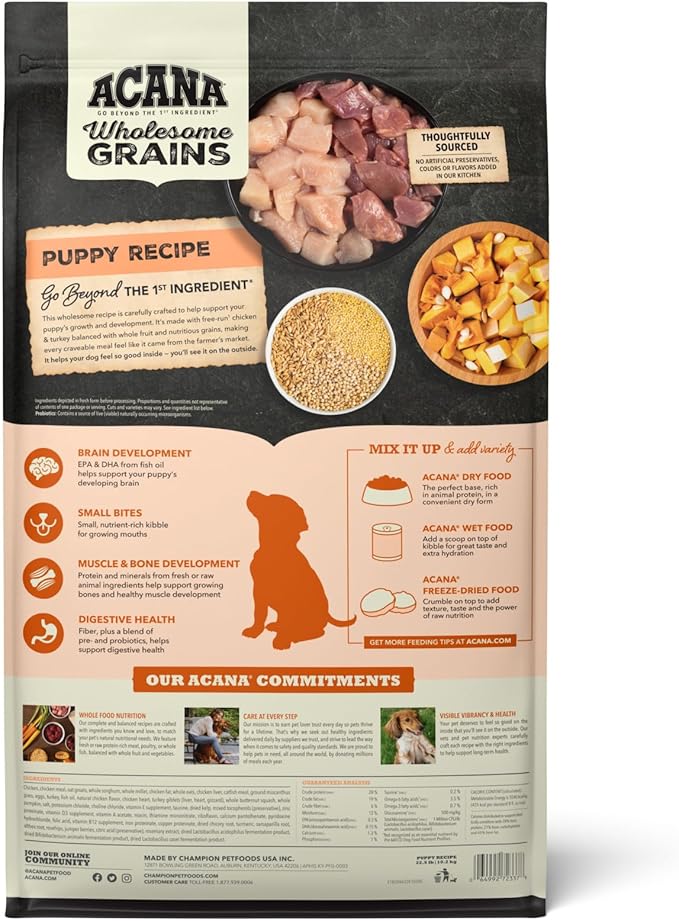 ACANA Wholesome Grains Dry Dog Food Puppy Recipe Real Chicken Eggs and Turkey 22.5lb Bag
