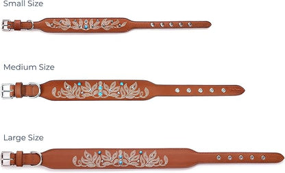 Blueberry Pet Western Dog Collar in Canyon Brown - 15-18 Inch Necks Floral-Embroidered Leather with Turquoise Studs, Dog Collars for Medium Dogs, Adjustable Leather Girl Dog Collar
