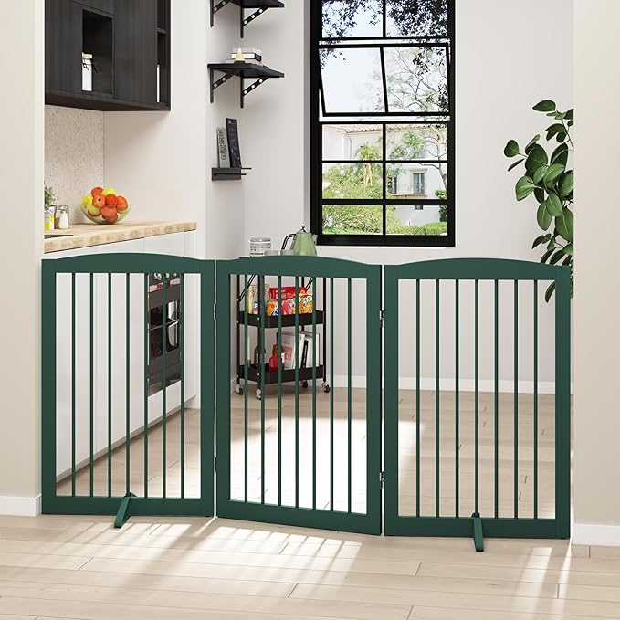 PUPETPO Freestanding Pet Gate for Dogs, Foldable Wooden Dog Gate for House Indoor, Step Over Pet Puppy Safety Fence for Stair, Doorway,Hall, Support Feet Included,3 Panels 32",Green