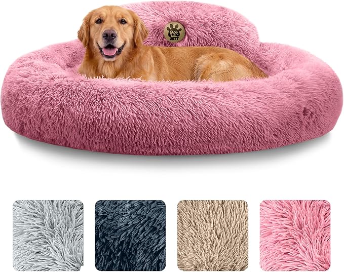PetJett Large Dog Bed - 36'' Calming Donut Dog Beds, Anti-Slip & Washable Large Round Bed, Fluffy Faux Fur Pet Bed, Super Soft Anti-Anxiety Premium Comfort Bed, Fits Dogs up to 80 lbs - Pink
