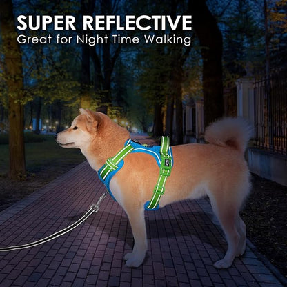 PHOEPET No Pull Dog Harness, Unique Colors Reflective Adjustable Dog Vest, with Soft Training Handle Metal Clips for Small Medium Large Dogs (Blue Base & Green Straps,XL)