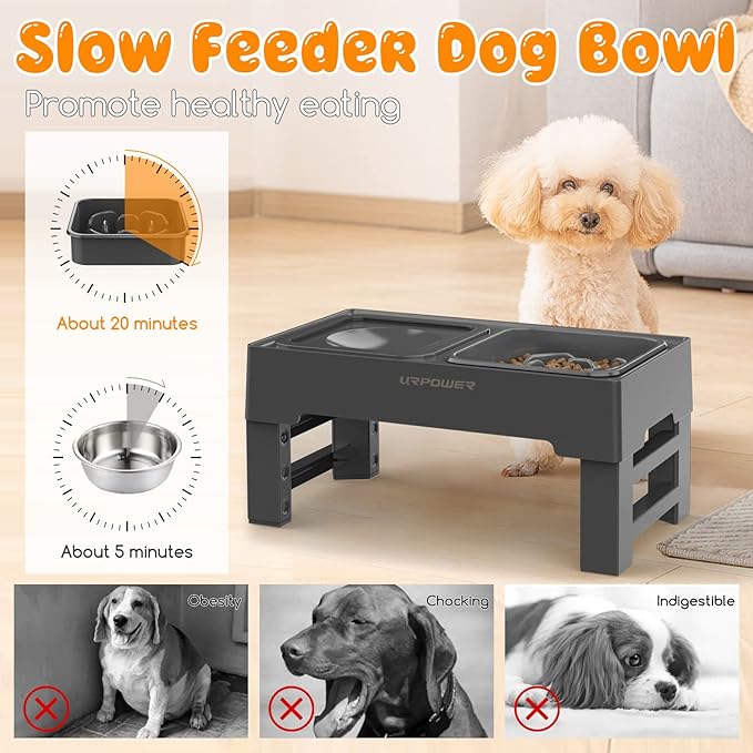 URPOWER 2-in-1 Elevated Slow Feeder Dog Bowls with No-Spill Water Bowl, 4 Height-Adjustable Raised Dog Bowls, Non-Slip Food and Water Bowls with Stand for Small, Medium, Large Dogs, Cats and Pets