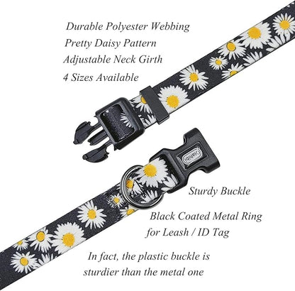 Dog Collar and Leash Set, Cute Daisy Pattern, Polyester Material, 5ft Leash, for Puppy Dogs.(Extra Small,Black Daisy)