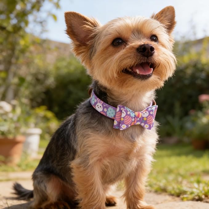 EXPAWLORER Easter Dog Collar and Leash Set - Egg Bunny Pattern Bow Tie & Bandana Embroidery Holiday Pet Collars with Bell, Soft Tangle Free Leash for Dogs Cats Outdoor Walking, Small