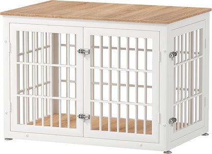 rehomerance 38 Inch Heavy Duty Dog Crate Furniture for Large and Medium Dogs, Decorative Pet House End Table, Wooden Cage Kennel Furniture Indoor, Natural and White