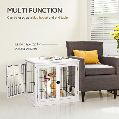 PawHut Dog Crate Furniture, 32" Small Dog Cage End Table with 2 Doors, Lockable Door, Puppy Kennel Indoor, White