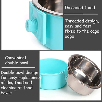 kathson 3 PCS Crate Dog Bowl, Stainless Steel Removable Hanging Cage Food Bowl Pet Food Spoon & Water Feeder Bowls Coop Cup for Puppy Cat Bird Rabbit