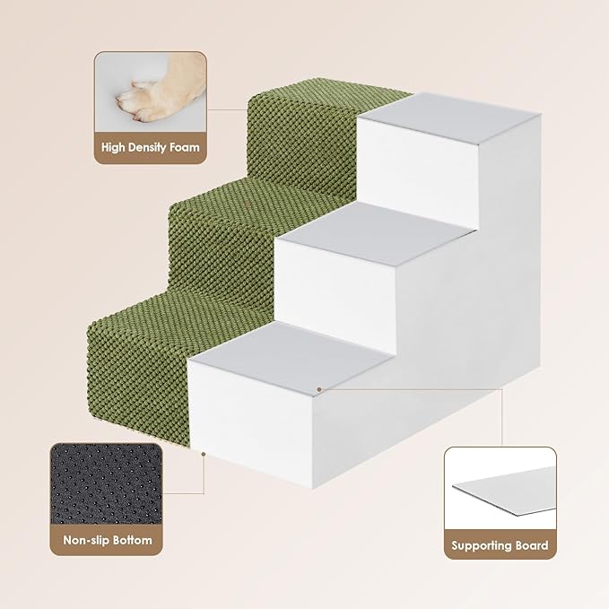 EHEYCIGA Dog Stairs for Small Dogs 13.5" H, 3-Step Dog Steps for Couch Sofa and Chair, Pet Steps for Medium Cats, Non-Slip Balanced Pet Ramp Indoor, Olive Green