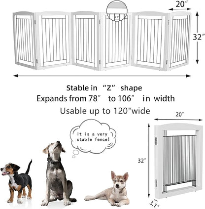 ZJSF Freestanding Foldable Dog Gate Wooden Extra Wide White Puppy Gate 6 Panels Tall Pet Gates for The House Dog Fence