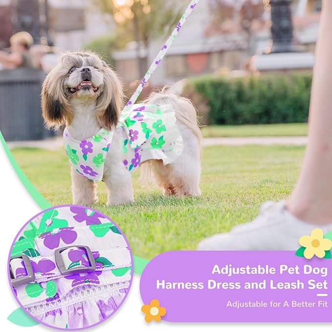 ABRRLO Dog Harness Dress Leash Set for Small Dog Summer Clothes Girl Female Puppy Cats Outfits Cute Floral Bowknot Princess Birthday Dress for Extra Small Pet Doggie Kitten Outfits Apparel(Green,L)