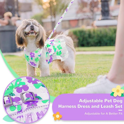 ABRRLO Dog Harness Dress Leash Set for Small Dog Summer Clothes Girl Female Puppy Cats Outfits Cute Floral Bowknot Princess Birthday Dress for Extra Small Pet Doggie Kitten Outfits Apparel(Green,L)