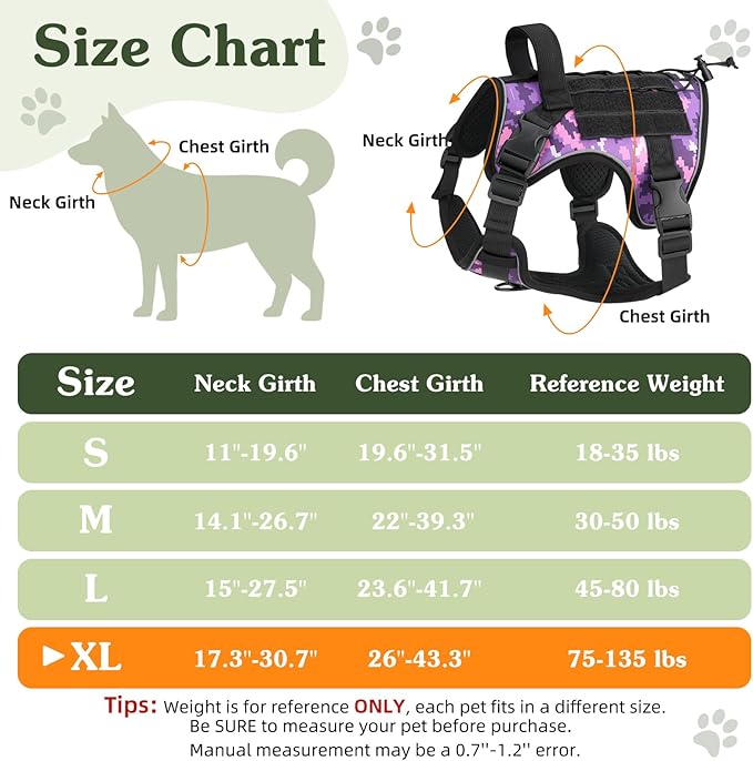 VavoPaw Heavy Duty Tactical Dog Harness for Large Dogs, No Pull Adjustable Pet Harness Reflective Service Training Easy Control Pet Vest Military K9 Working Dog Harnesses, Purple Camouflage, XL