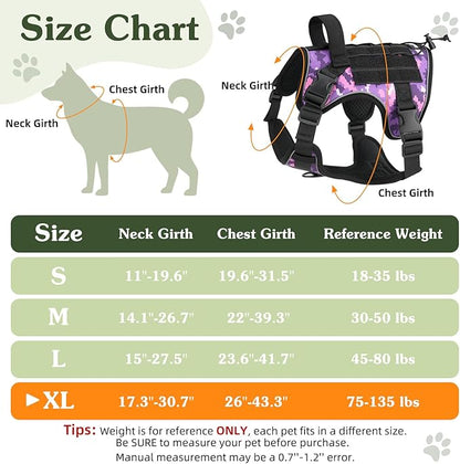 VavoPaw Heavy Duty Tactical Dog Harness for Large Dogs, No Pull Adjustable Pet Harness Reflective Service Training Easy Control Pet Vest Military K9 Working Dog Harnesses, Purple Camouflage, XL