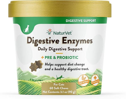 NaturVet – Digestive Enzymes for Cats Plus Probiotics – 60 Soft Chews – Helps Support Diet Change & A Healthy Digestive Tract – Aids in the Absorption of Vitamins & Minerals – 30 Day Supply
