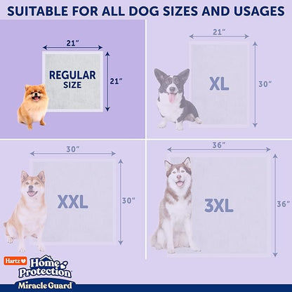 Hartz Miracle Guard Dog and Puppy Dog Pads Max Absorbency 24 Hour Use Odor Eliminating Lavender Scented No Leaks, Regular Size 50 Count