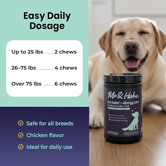 Mo & Haku Dog Allergy Relief Chews - 180 Soft Chews Immune Itch Support for Dogs Itchy Skin, Ears, Paw Licking, Seasonal Allergies - with Prebiotics & Probiotics, Colostrum & Salmon Oil