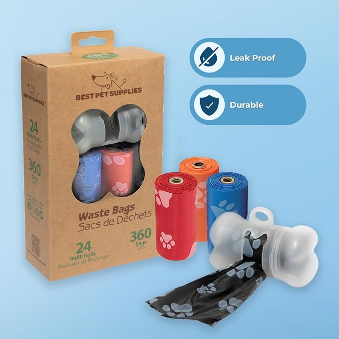 Best Pet Supplies Dog Poop Bags (360 Bags) for Waste Refuse Cleanup, Doggy Roll Replacements for Outdoor Puppy Walking and Travel, Leak Proof and Tear Resistant, Thick Plastic - Assorted Colors
