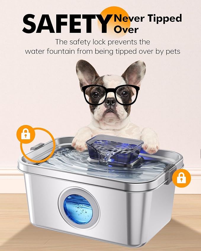 PETIMI Dog Water Fountain, 2 Gallon 304 Stainless Steel Large Pet Water Fountain for Dogs & Cats, Ultra Quiet Indoor Pet Fountain, Safety Lock, 3 Replacement Filters Included, Smart Pump Protection