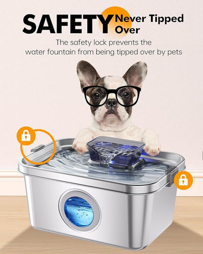 PETIMI Dog Water Fountain, 2 Gallon 304 Stainless Steel Large Pet Water Fountain for Dogs & Cats, Ultra Quiet Indoor Pet Fountain, Safety Lock, 3 Replacement Filters Included, Smart Pump Protection