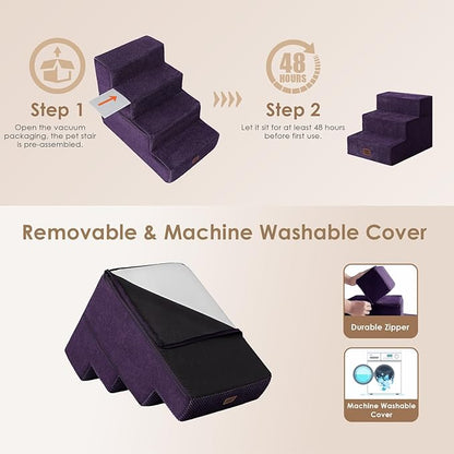 EHEYCIGA Dog Stairs for Small Dogs 13.5" H, 3-Step Dog Steps for Couch Sofa and Chair, Pet Steps for Medium Cats, Non-Slip Balanced Pet Ramp Indoor, Purple