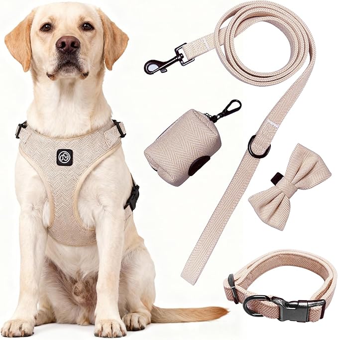 EVERKING 5-Piece Dog Travel Set, Adjustable Harness, Leash, Collar, Poop Bags, Bowtie for Small Medium Dogs, Beige, Breathable No-Pull Design (Beige, S)