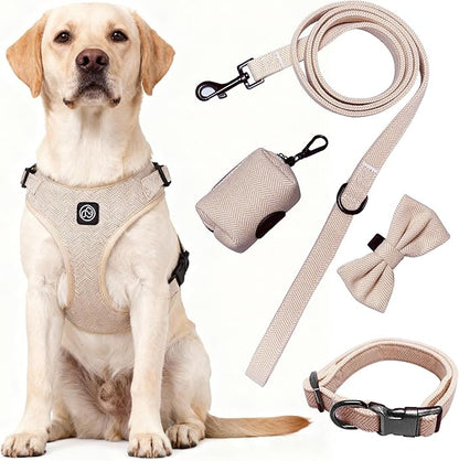 EVERKING 5-Piece Dog Travel Set, Adjustable Harness, Leash, Collar, Poop Bags, Bowtie for Small Medium Dogs, Beige, Breathable No-Pull Design (Beige, L)