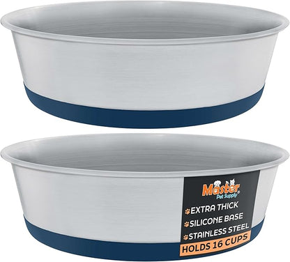 Master Pet Supply Stainless Steel Dog Bowls Set of 2 with Extra Thick Silicone Base - 16 Cup (128 oz) Navy Blue, Non-Slip, Dishwasher Safe Metal Bowls, Pet Dog Food Bowl for Dogs, Cats, Anti Rust