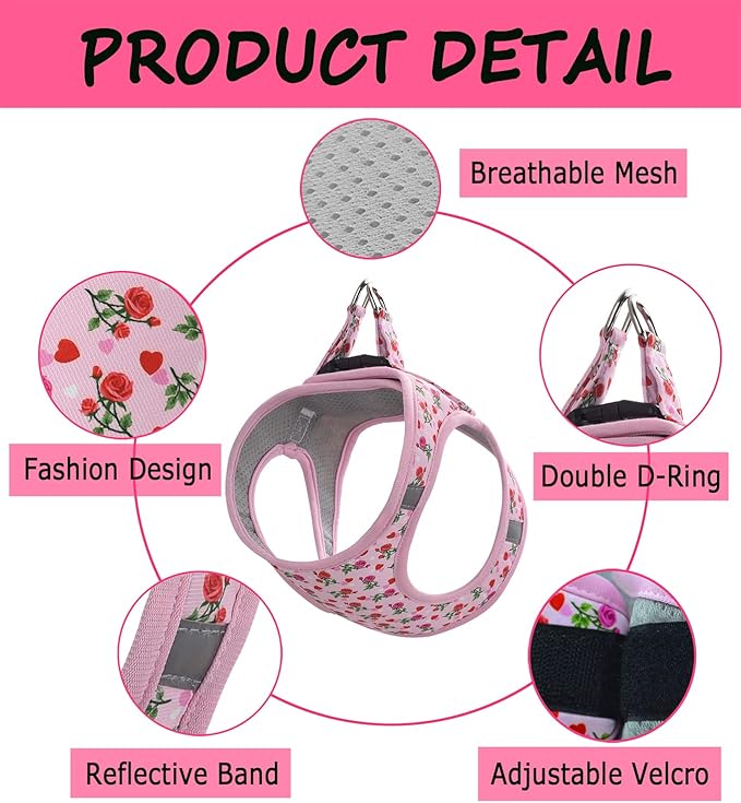 Moonpet Step in Valentine's Day Dog Harness Leash Set- All Weather Reflective No-Pull Floral Pattern Padded Mesh Vest Harness for Cats Puppy Extra-Small Small Medium Large Dogs - Heart Rose - S