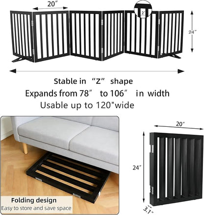 ZJSF Freestanding Indoor Dog Gate for House Foldable Wood Puppy Gate for Doorways Pet Gate for Stairs Extra Wide Pet Fence, Black, 24" Height 6 Panels