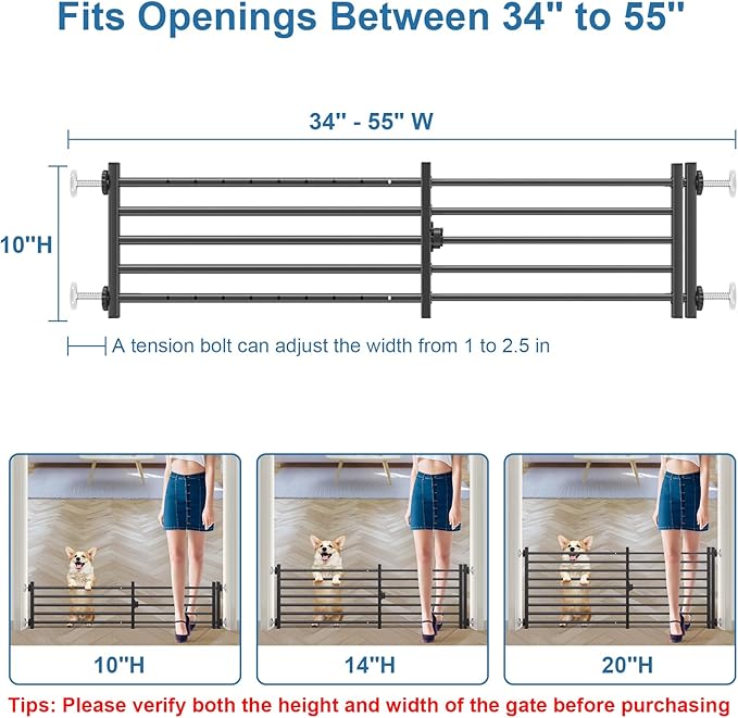 Malier Indoor Dog Gate with Door, 34-55" Extra Wide Full Metal Pet Gate Short Dog Gate for Stairs, Pressure Mount 10'' Tall Small Puppy Low Gate Easy Step Over for Doorways