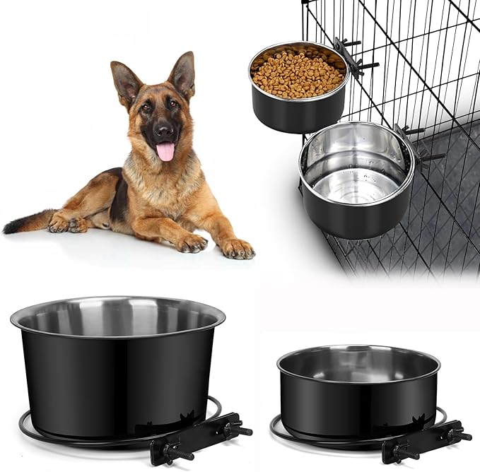 Attachable Dog Bowls for Crates, ShineMe 40oz & 60oz Dog Kennel Food and Water Bowl, 7.1 x 3.7” & 6.3 x 2.6” Dogs Crate Bowls Hanging No Spill for Large or Medium Dogs, Set of 2 Black