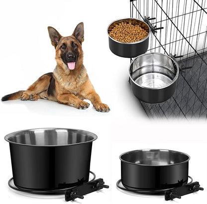 Attachable Dog Bowls for Crates, ShineMe 40oz & 60oz Dog Kennel Food and Water Bowl, 7.1 x 3.7” & 6.3 x 2.6” Dogs Crate Bowls Hanging No Spill for Large or Medium Dogs, Set of 2 Black