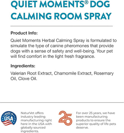NaturVet Quiet Moments Herbal Calming Room Spray Dog Supplement - Ideal for Cars, Dog Crates, New Environments - Helps Reduce Pet Stress, Storm Anxiety, Motion Sickness - 8 Oz.