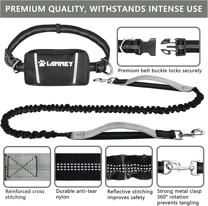 LANNEY Hands Free Dog Leash, Waist Running Leash with Zipper, Walking Pouch for Medium Large Dogs, Dual Handle and Retractable Bungee for Training Jogging Hiking(25-120 lbs, Grey)