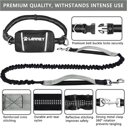 LANNEY Hands Free Dog Leash, Waist Running Leash with Zipper, Walking Pouch for Medium Large Dogs, Dual Handle and Retractable Bungee for Training Jogging Hiking(25-120 lbs, Grey)