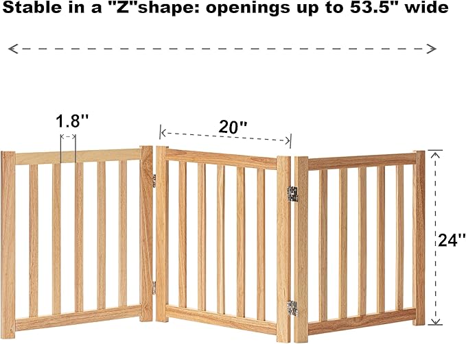 LZRS 3-Panel Wooden Free Standing Foldable Dog Gate Indoor – 24" High,Step-Over Safety Pet Gate for Doorways, Stairs, Hallways, Indoor Dog Barrier for Small to Medium Dogs & Puppies, Natural