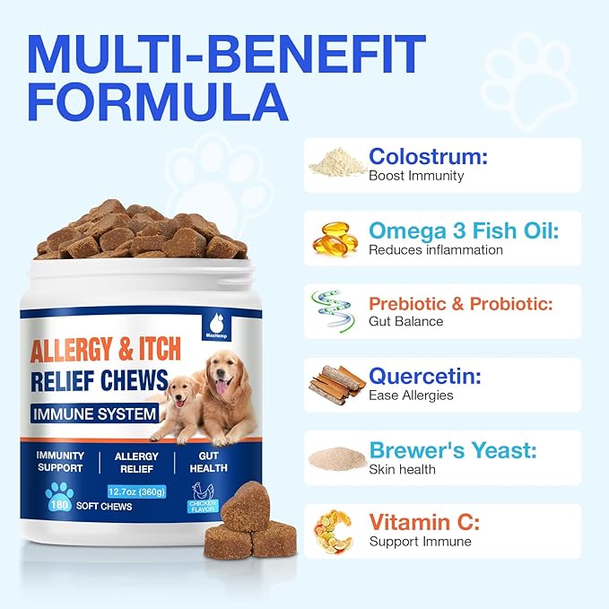 180 Chews Dog Allergy Chews, Itching Skin Relief, Natural Dog Allergy Relief Treatment for Paw Licking, Hot Spots, Anti-Itch, Dry Skin, Allergies & Immune Support Supplement