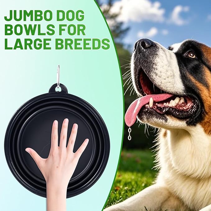 Extra Large Dog Bowl Pet Collapsible Bowls, 2 Pack Collapsible Dog Water Bowls for Large Dogs, Portable Pet Feeding Water Dish for Walking Parking Traveling with 2 Carabiners (Black+Black, Jumbo)