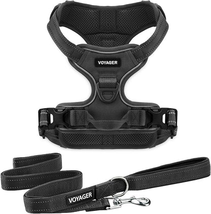 Voyager Dog Harness Dual Leash Attachment No-Pull Control Adjustable Soft but Strong Pet Harness for Medium and Large Dogs with 3M Reflective Technology, Leash Set Black Nylon, M (Chest: 20-25")