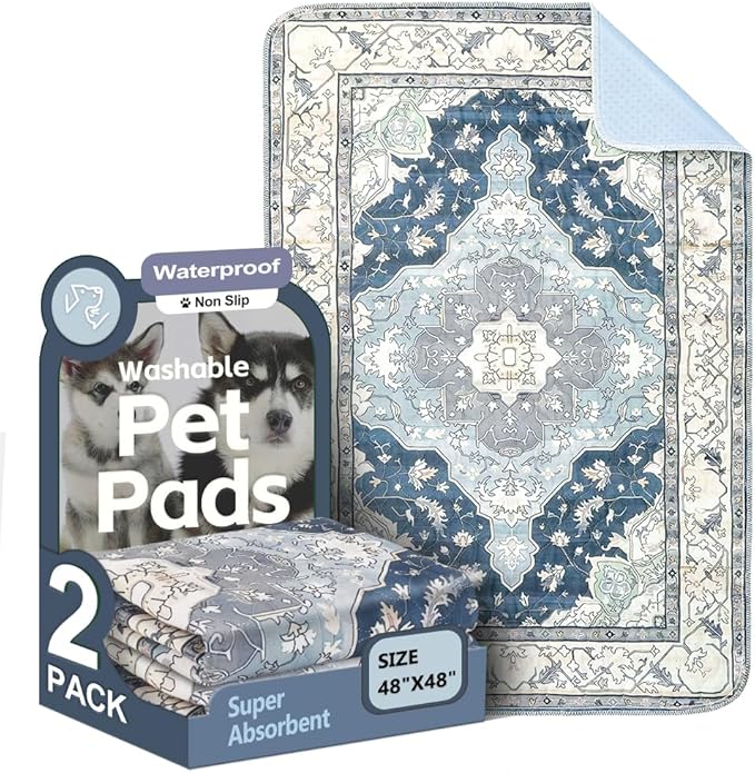 Washable Pee Pads for Dogs 2 Pack Reusable Puppy Training Pads 48"x48" Super Absorbent Waterproof Dog Training Pads, Non-Slip Potty Pads Whelping Pads Litter Mat Pet Supplies - Navy/Mix