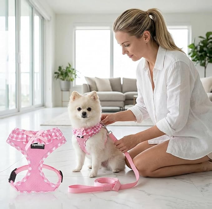 SuperBuddy Upgraded Soft Mesh Dog Harness, Super Breathable Lightweight Pet Harnesses for Puppy Dogs Outdoor Walking, Pink Dog Harness and Dog Leash Set Packing -Large