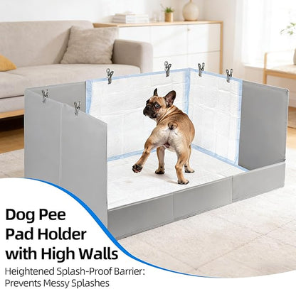 Dog Pee Pad Holder with High Walls, 32.3"x22"x15.7" No-Splash Indoor Dog Potty Box with 6 Clamps, No Assembly Foldable Potty Training Toilet for Large Small Medium Dogs Puppy Potty(Gray2)