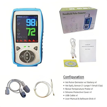 Vet Handheld Pulse Oximeter - Professional for Dogs/Cats/Horses SPO2, Heart Rate, Temperture - Rechargeable Battery (30-Day Guarantee)