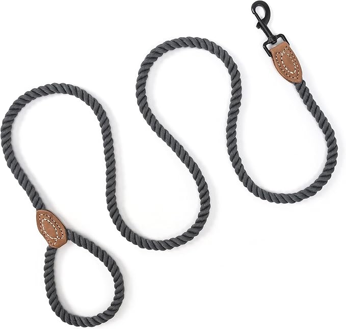 Mile High Life Dog Leash, Braided Cotton Rope Leashes with Leather Tailor Tip with Leather Tip - Heavy Duty Metal Clasp, 5FT, 1/2" Thick - Wedding, Walking for Medium Large Dogs(Dark Gray)