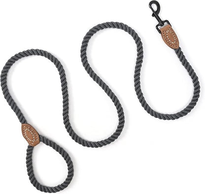 Mile High Life Dog Leash, Braided Cotton Rope Leashes with Leather Tailor Tip with Leather Tip - Heavy Duty Metal Clasp, 5FT, 1/2" Thick - Wedding, Walking for Medium Large Dogs(Dark Gray)