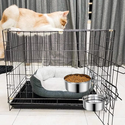 2 Pcs Small Pet Dog Food Water Bowl for Cage Stainless Steel Non-Spill Kennel Hanging Cats Pets Bowls with Clamp Holder Crate Feeder Dish for Small Dogs Pets (4.7x1.9'' & 3.9x1.7'')