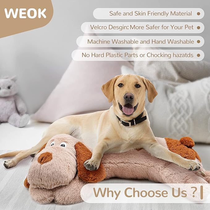 WEOK Puppy Heartbeat Toy, Dog Heartbeat Toy for Separation Anxiety Relief, Puppy Toy with Heartbeat Stuffed Animal Anxiety Calming Behavioral Aid Plush Toy for Dogs Cats Pets (Brown +)