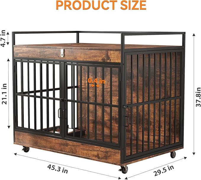 45 Inch Dog Crate Furniture for Large Dog with 2 Stainless Steel Bowls, Heavy Duty Dog Kennel Indoor, Large Wooden Dog Crate Table for Decorate House As TV Stand, End Table