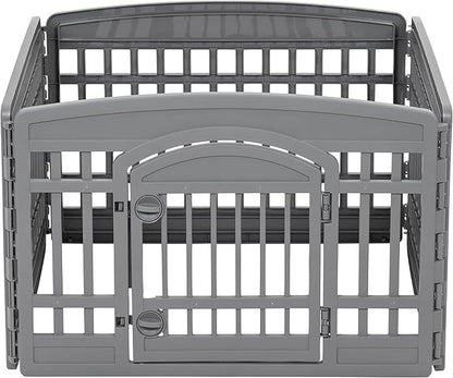 IRIS USA 24" Dog Playpen 4-Panel Pet Exercise Pen with Door Gate 35 x 35 x 24 Puppy Play Pen Indoor Outdoor Plastic Foldable Portable Pet Fence for Small Medium Dogs Puppies Multiple Pets Gray